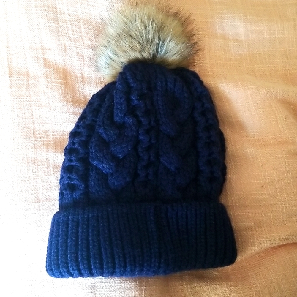 Navy Beanie/ Snow hat with pom pom. Outdoor, winter hat